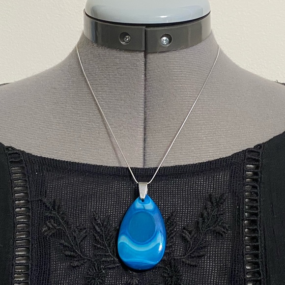 🐠Striped blue agate pendant stainless steel chain - Picture 2 of 7